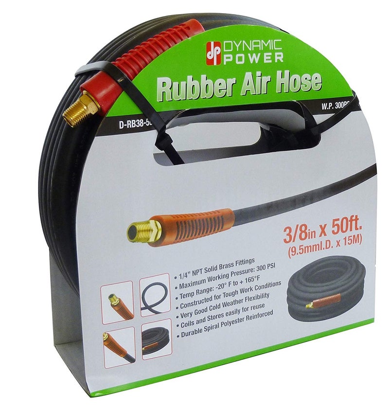 DYNAMIC POWER 3/8" x 50' Rubber Air Hose - 300 PSI - Assembly with 1/4" Male Pipe Thread Fittings & Bend Restictors (Red) - Image 2